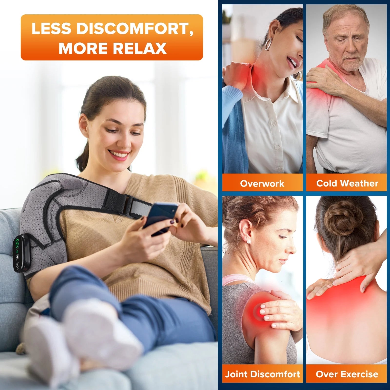 Ultimate Cordless Heated Shoulder Wrap with Massage – Adjustable, Rechargeable, and Soothing Relief for Shoulder Pain in Gray-Black